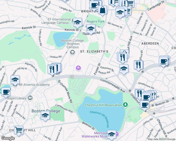map of restaurants, bars, coffee shops, grocery stores, and more near 5 Greycliff Road in Boston