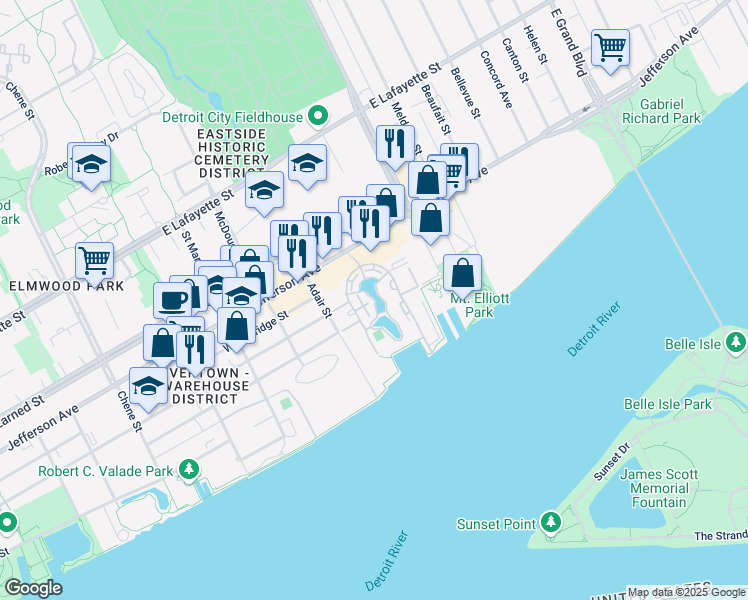 map of restaurants, bars, coffee shops, grocery stores, and more near 120 Main Sail Court in Detroit