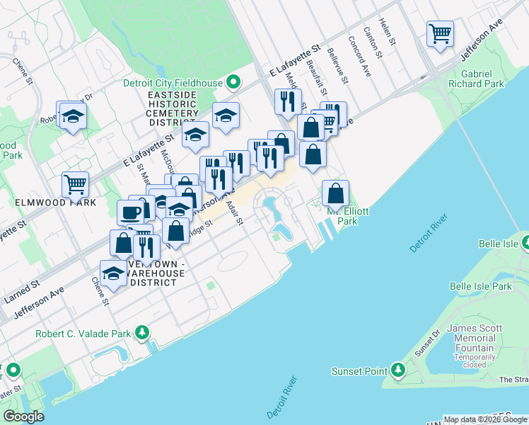 map of restaurants, bars, coffee shops, grocery stores, and more near 120 Main Sail Court in Detroit