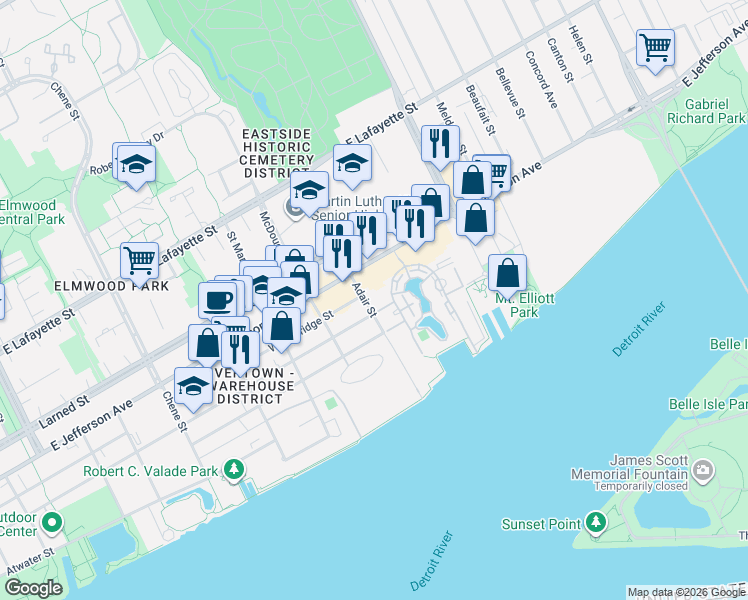 map of restaurants, bars, coffee shops, grocery stores, and more near 3320 Spinnaker Lane in Detroit