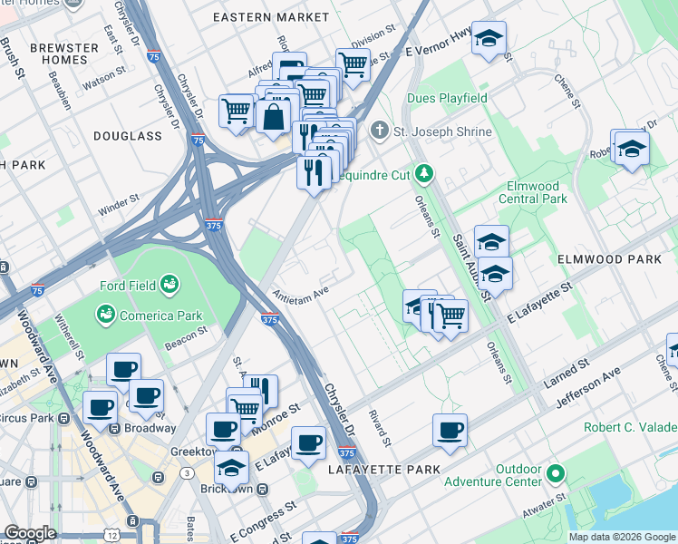 map of restaurants, bars, coffee shops, grocery stores, and more near 1 Lafayette Plaisance Street in Detroit