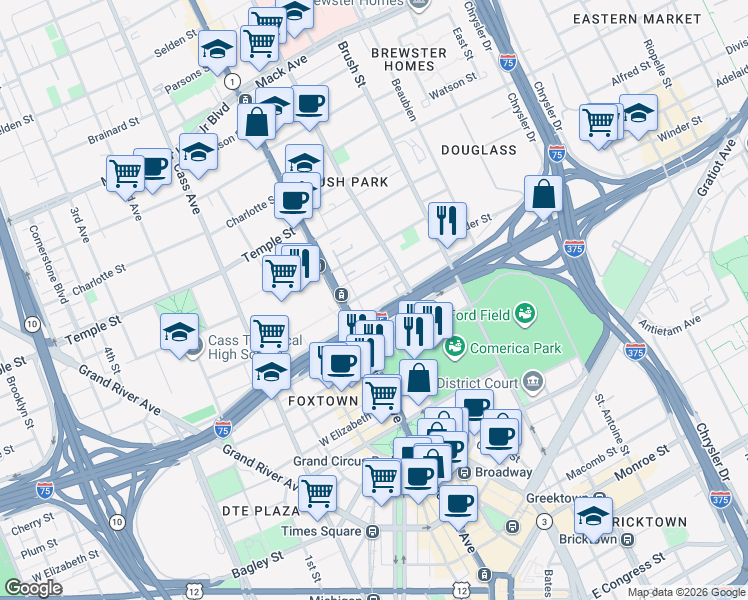 map of restaurants, bars, coffee shops, grocery stores, and more near 66 Winder Street in Detroit