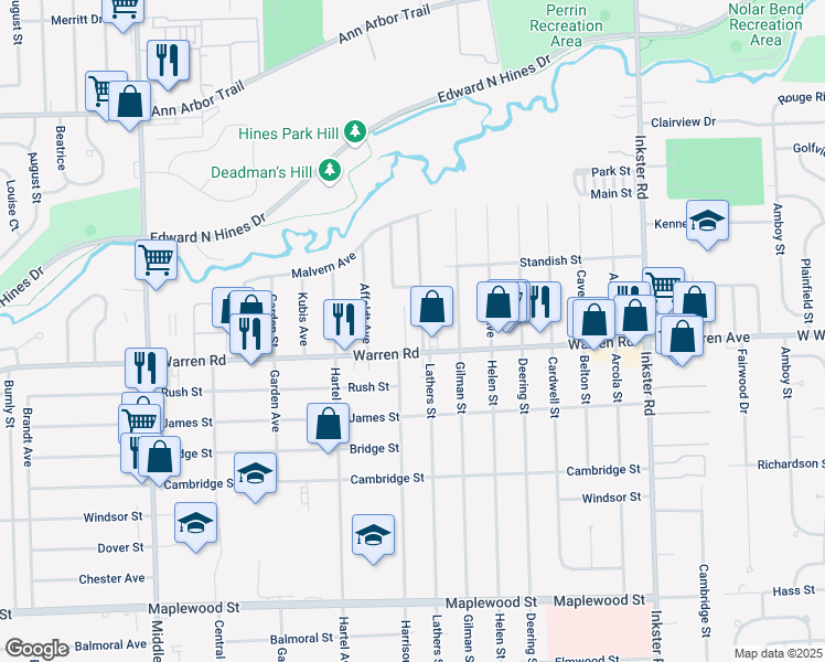map of restaurants, bars, coffee shops, grocery stores, and more near 28390 Warren Road in Westland