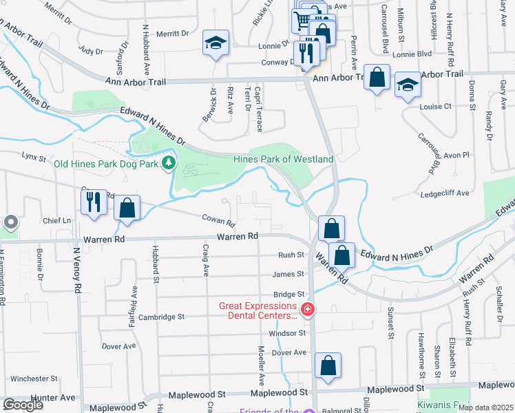 map of restaurants, bars, coffee shops, grocery stores, and more near 31650 Warren Road in Westland