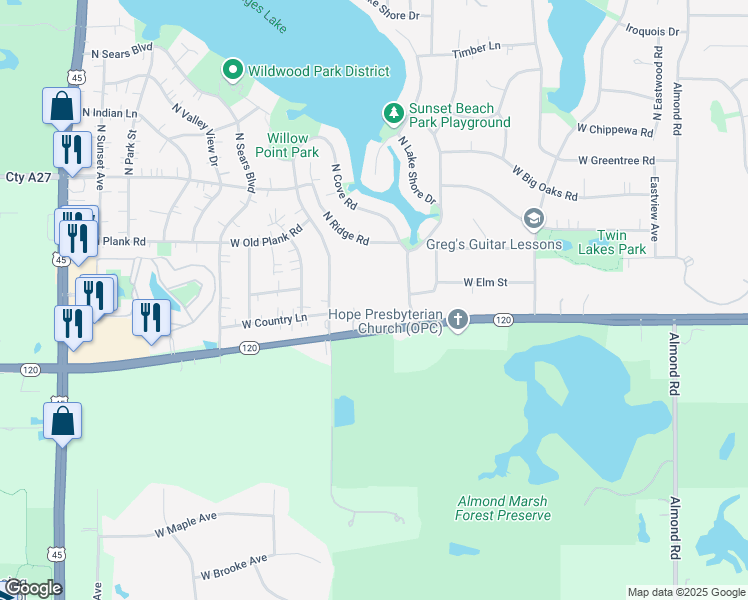 map of restaurants, bars, coffee shops, grocery stores, and more near 18400 Belvidere Road in Grayslake