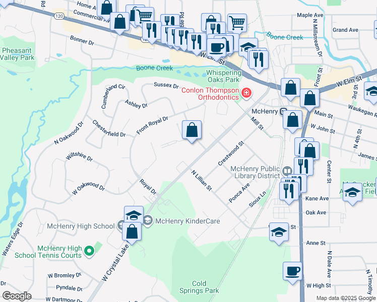 map of restaurants, bars, coffee shops, grocery stores, and more near 4318H West Crystal Lake Road in McHenry