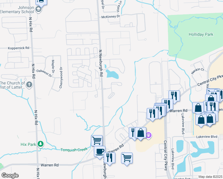map of restaurants, bars, coffee shops, grocery stores, and more near 37104 South Heather Court in Westland