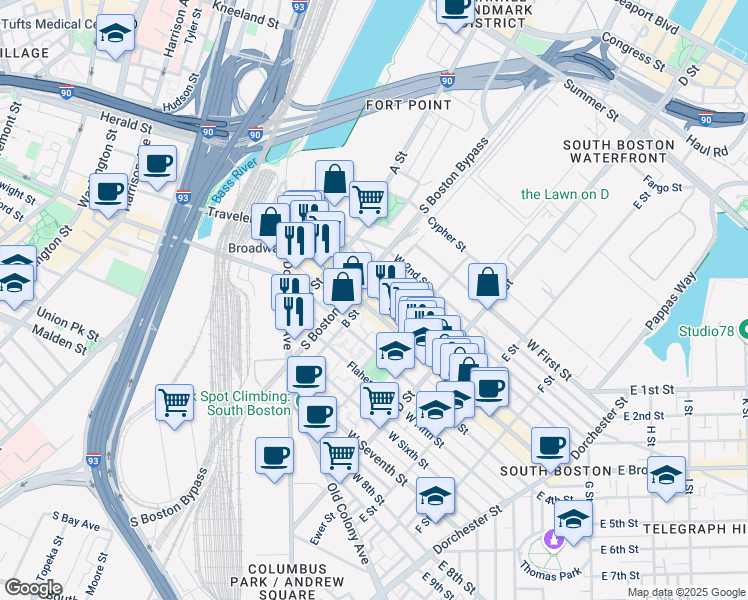 map of restaurants, bars, coffee shops, grocery stores, and more near 157 West Broadway in Boston