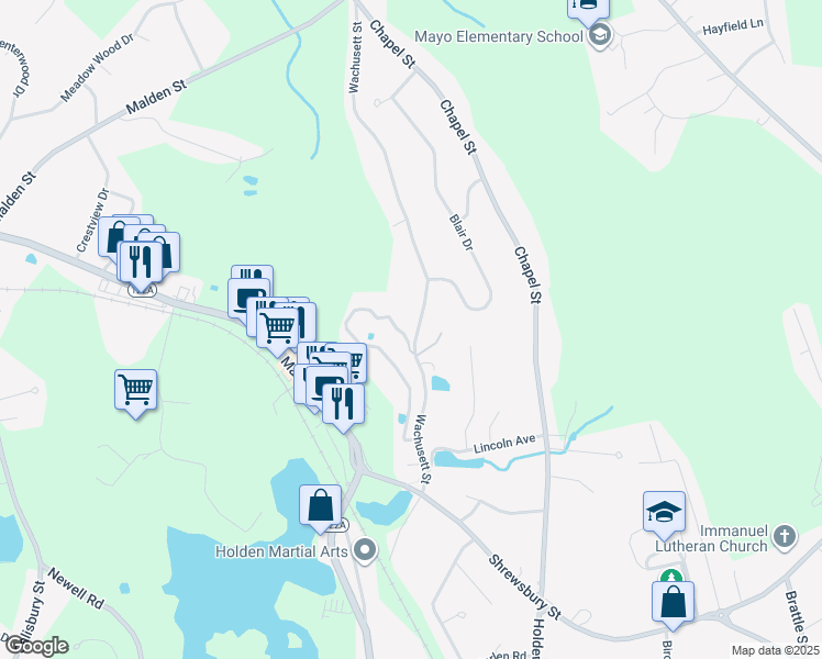 map of restaurants, bars, coffee shops, grocery stores, and more near 110 Wachusett Street in Holden