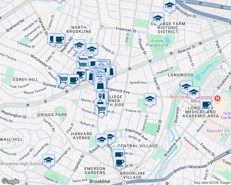 map of restaurants, bars, coffee shops, grocery stores, and more near 20 Stearns Road in Brookline