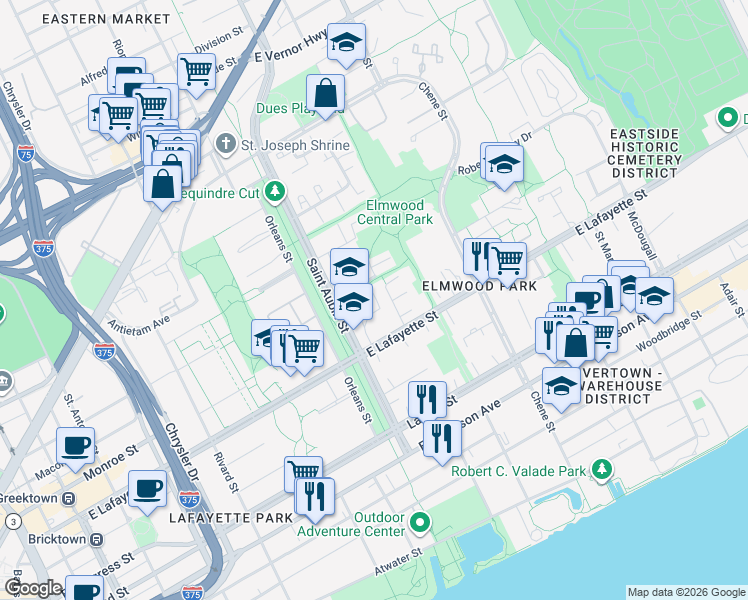map of restaurants, bars, coffee shops, grocery stores, and more near 1100 Saint Aubin Place in Detroit