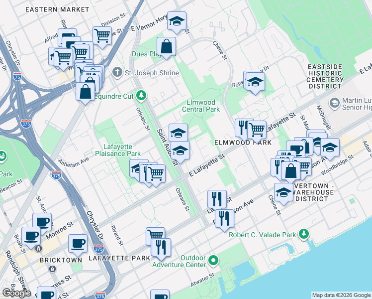 map of restaurants, bars, coffee shops, grocery stores, and more near 1100 Saint Aubin Place in Detroit