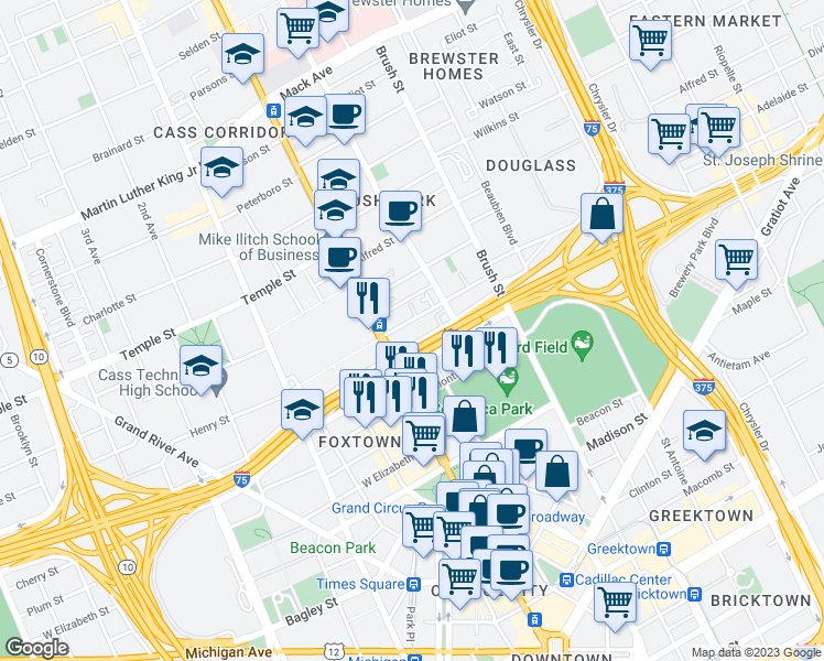map of restaurants, bars, coffee shops, grocery stores, and more near 66 Winder Street in Detroit