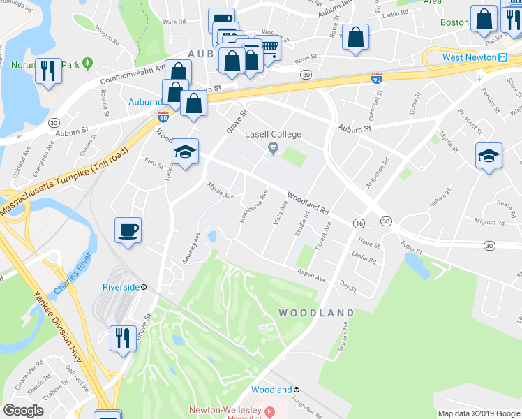 map of restaurants, bars, coffee shops, grocery stores, and more near 30 Hawthorne Avenue in Newton