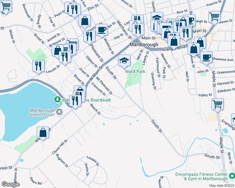 map of restaurants, bars, coffee shops, grocery stores, and more near 99 Mount Pleasant Street in Marlborough