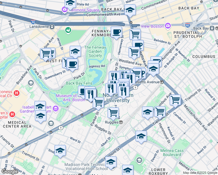 map of restaurants, bars, coffee shops, grocery stores, and more near 176 Hemenway Street in Boston