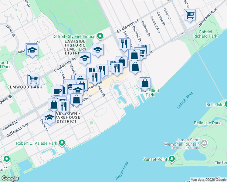 map of restaurants, bars, coffee shops, grocery stores, and more near 120 Main Sail Court in Detroit