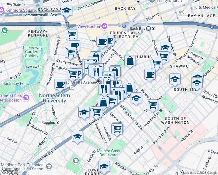 map of restaurants, bars, coffee shops, grocery stores, and more near in Boston