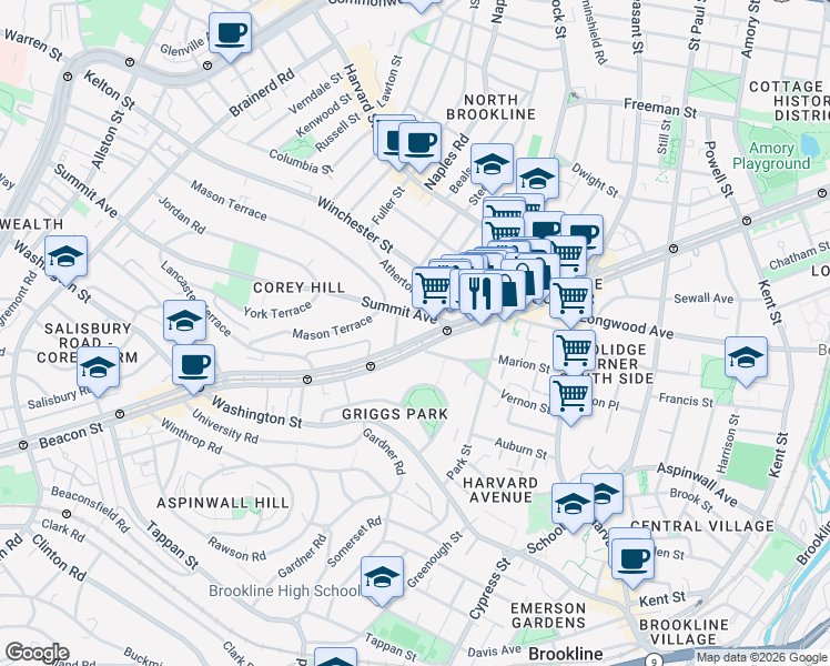 map of restaurants, bars, coffee shops, grocery stores, and more near 1443 Beacon Street in Brookline