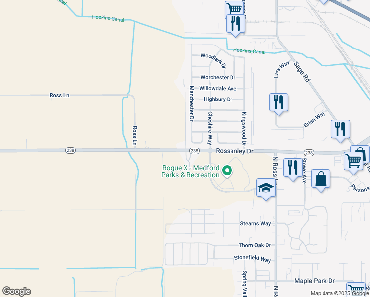 map of restaurants, bars, coffee shops, grocery stores, and more near 1098 Rossanley Drive in Medford