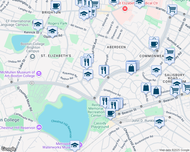 map of restaurants, bars, coffee shops, grocery stores, and more near 32 Sidlaw Road in Boston