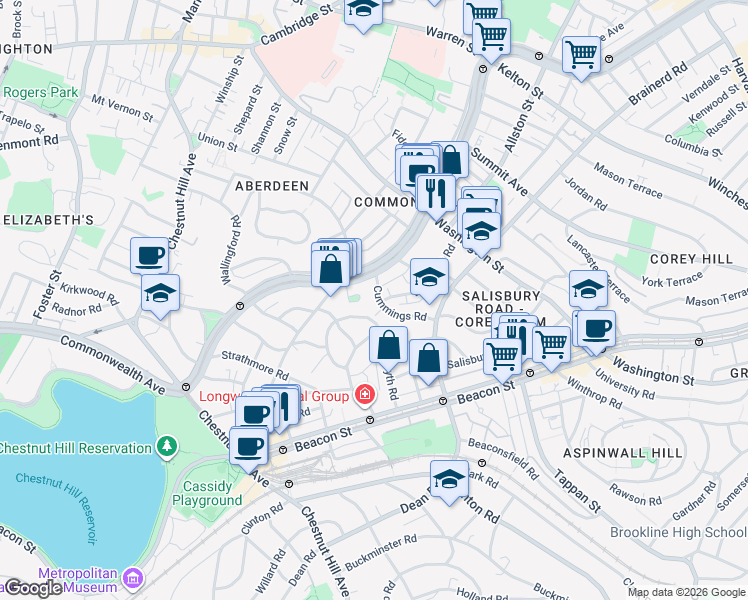 map of restaurants, bars, coffee shops, grocery stores, and more near 48 Cummings Road in Boston