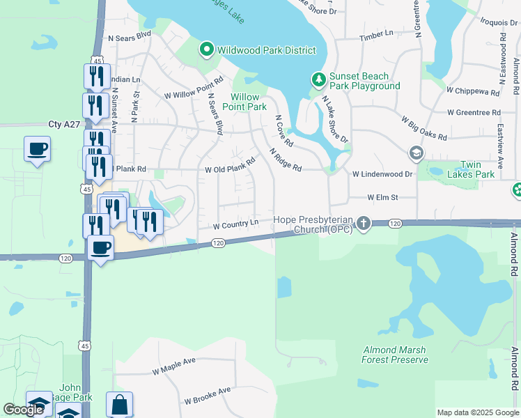 map of restaurants, bars, coffee shops, grocery stores, and more near 32880 North Rolling Hills Road in Grayslake