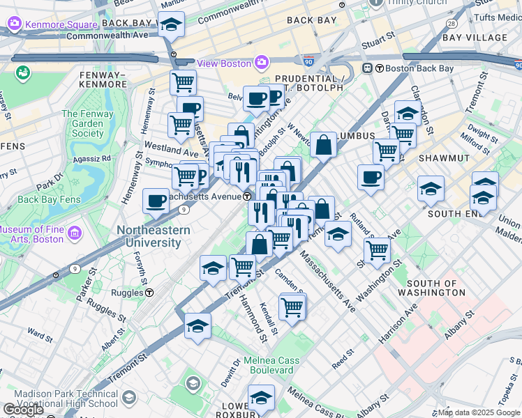 map of restaurants, bars, coffee shops, grocery stores, and more near 417 Massachusetts Avenue in Boston