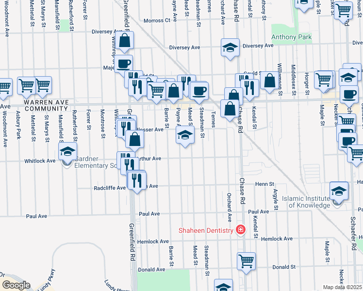 map of restaurants, bars, coffee shops, grocery stores, and more near 6801 Mead Street in Dearborn