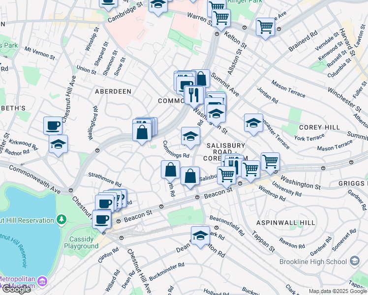 map of restaurants, bars, coffee shops, grocery stores, and more near 11 Cummings Road in Boston