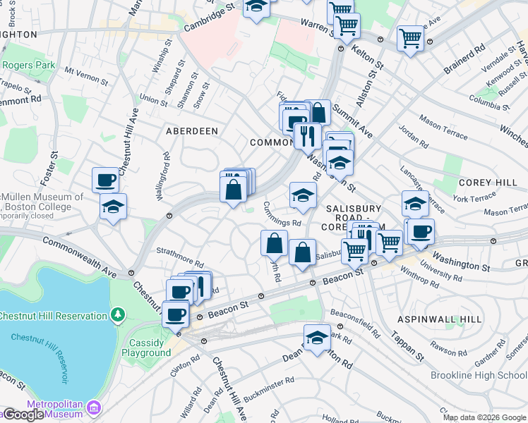 map of restaurants, bars, coffee shops, grocery stores, and more near 36 Cummings Road in Boston