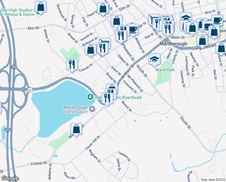 map of restaurants, bars, coffee shops, grocery stores, and more near 238 U.S. 20 in Marlborough