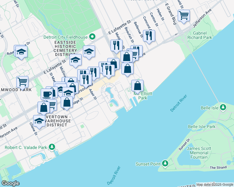 map of restaurants, bars, coffee shops, grocery stores, and more near 3500 East Jefferson Avenue in Detroit