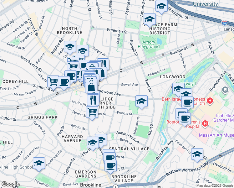 map of restaurants, bars, coffee shops, grocery stores, and more near Longwood Ave & St Paul St in Brookline