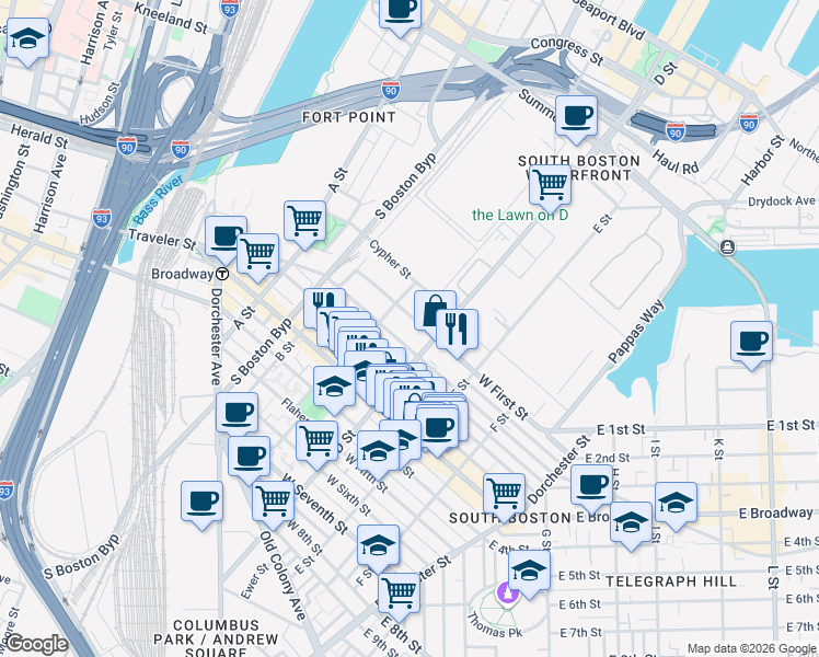 map of restaurants, bars, coffee shops, grocery stores, and more near in Boston