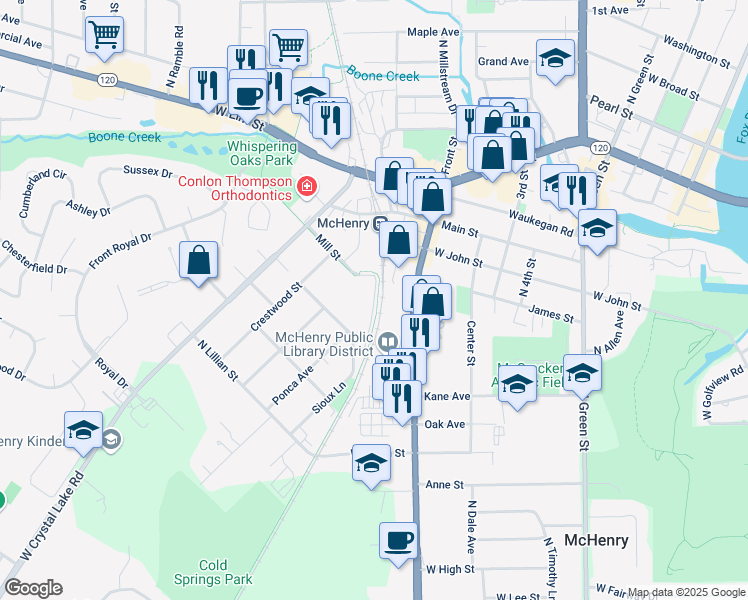 map of restaurants, bars, coffee shops, grocery stores, and more near 707 North Mill Street in McHenry
