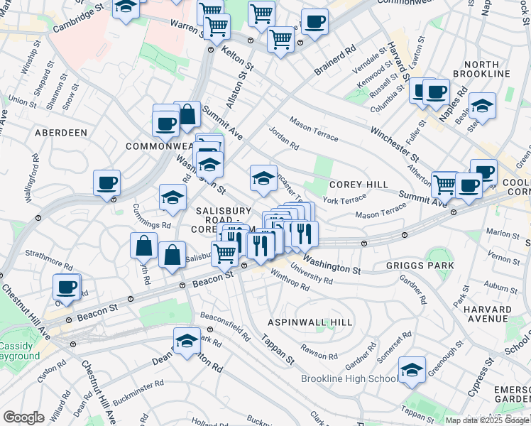 map of restaurants, bars, coffee shops, grocery stores, and more near 750 Washington Street in Brookline