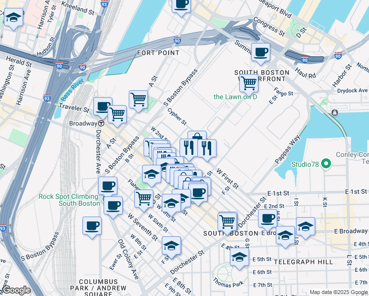map of restaurants, bars, coffee shops, grocery stores, and more near 320 D Street in Boston