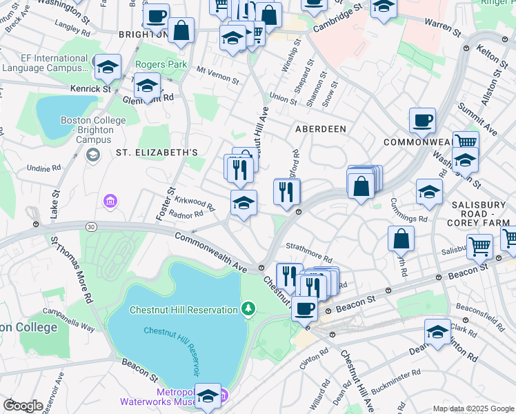 map of restaurants, bars, coffee shops, grocery stores, and more near 133 Chiswick Road in Boston