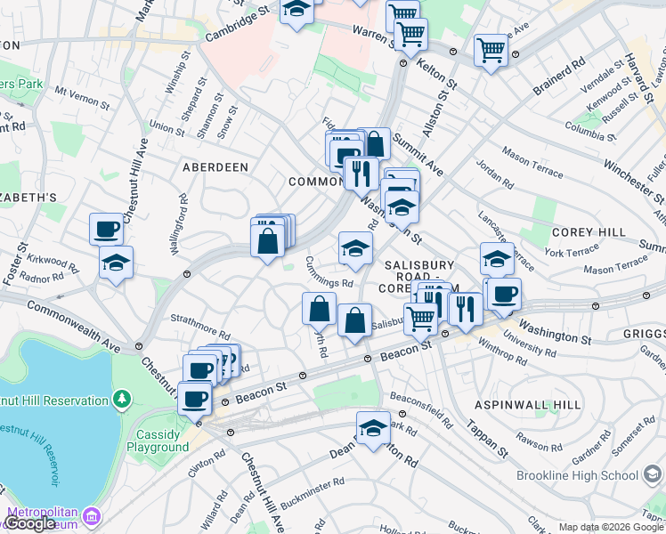 map of restaurants, bars, coffee shops, grocery stores, and more near 11 Cummings Road in Boston