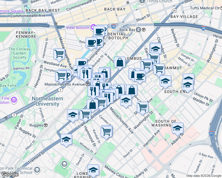 map of restaurants, bars, coffee shops, grocery stores, and more near 212 West Springfield Street in Boston
