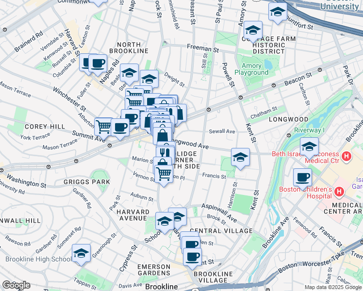 map of restaurants, bars, coffee shops, grocery stores, and more near 20 Stearns Road in Brookline