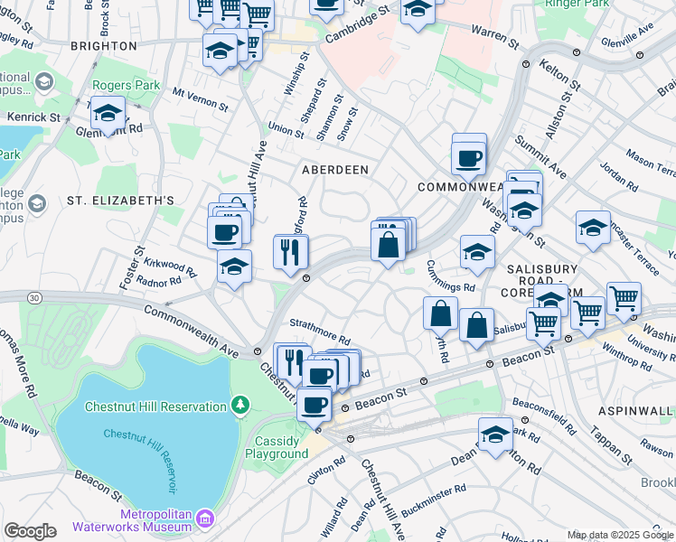 map of restaurants, bars, coffee shops, grocery stores, and more near 8 Kinross Road in Boston