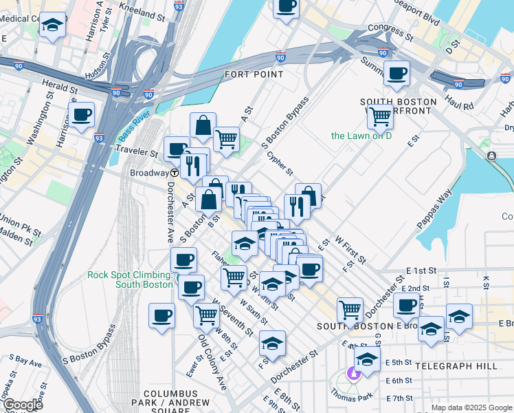 map of restaurants, bars, coffee shops, grocery stores, and more near 166 Athens Street in Boston