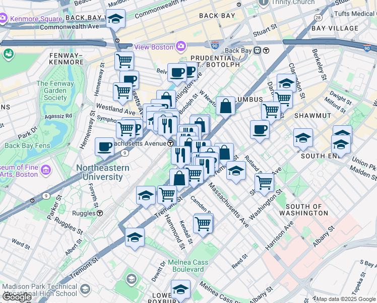 map of restaurants, bars, coffee shops, grocery stores, and more near 586 Columbus Avenue in Boston