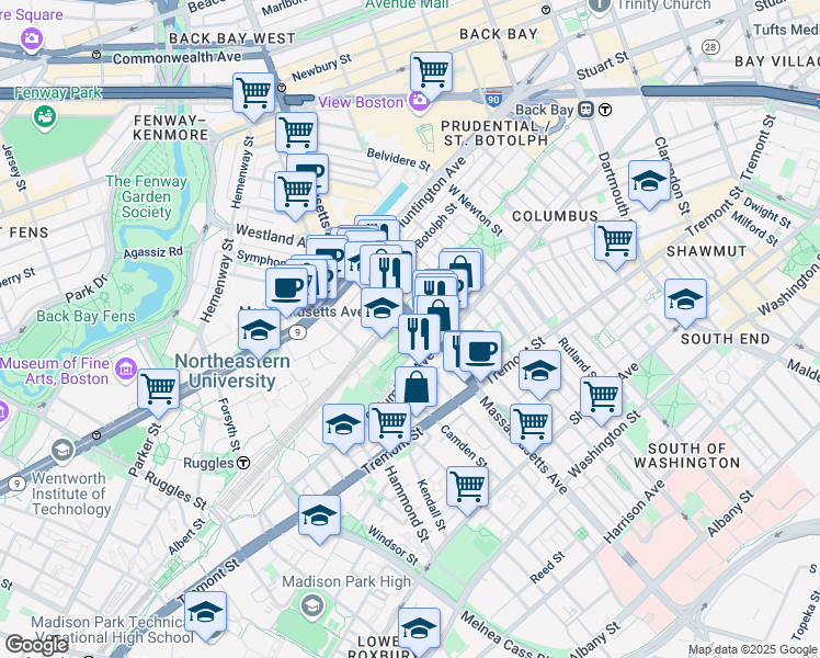 map of restaurants, bars, coffee shops, grocery stores, and more near 396 Northampton Street in Boston