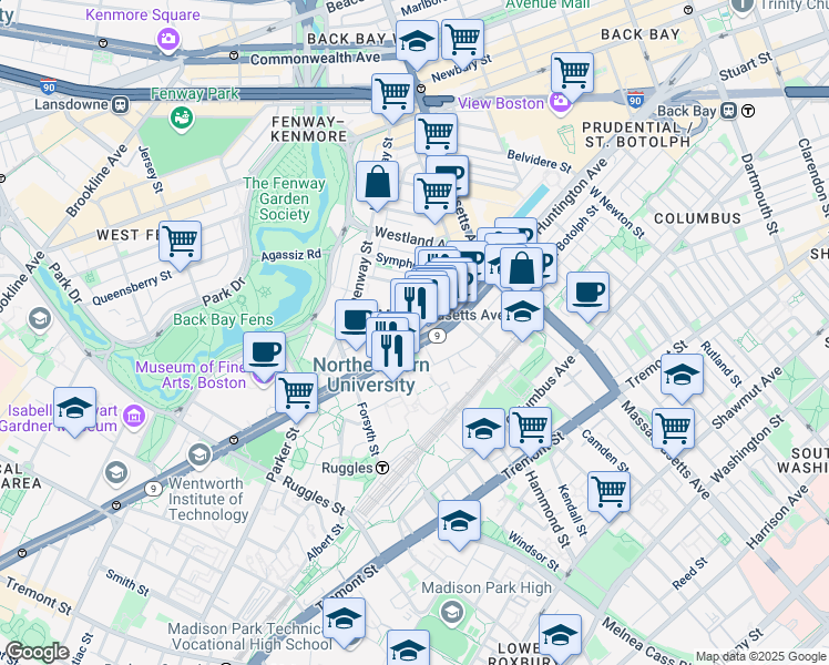 map of restaurants, bars, coffee shops, grocery stores, and more near 360 Huntington Avenue in Boston