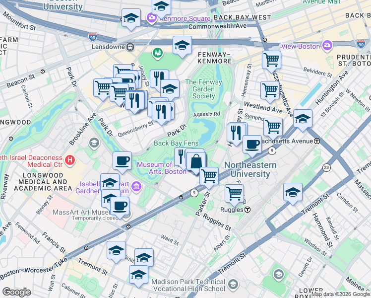 map of restaurants, bars, coffee shops, grocery stores, and more near 360 Newbury Street in Boston
