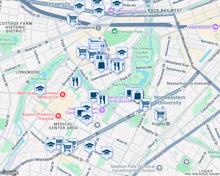 map of restaurants, bars, coffee shops, grocery stores, and more near 62 Kilmarnock Street in Boston