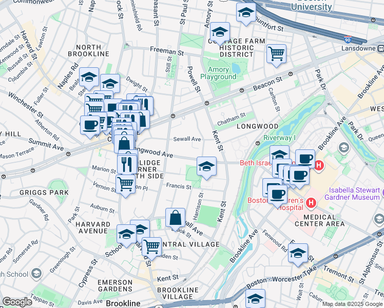 map of restaurants, bars, coffee shops, grocery stores, and more near 123 Longwood Avenue in Brookline